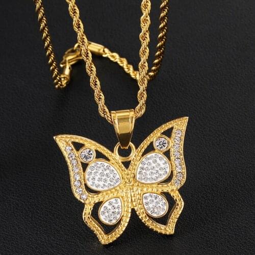 Hip Hop Jewelry Animal Butterfly Iced Out Bling Stainess Steel Necklaces Pendants For Men Charm With Solid Back Chains gift