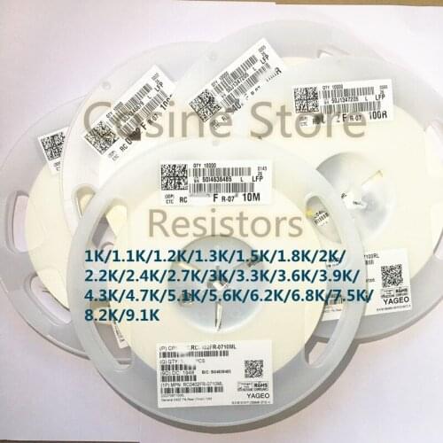 100pcs/Lot Resistors 0402 1% 1K 1.1K 1.5K 1.8K 2K 2.4K 2.7K 3K 3.3K 3.6K 3.9K 4.3K 4.7K 5.1K 5.6K 6.8K 7.5K 8.2K 9.1KOhm 1005F