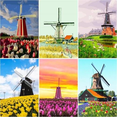 RUOPOTY DIY Painting By Numbers Kits Windmill Scenery Acrylic Paints By Numbers Wall Art Picture Handpainted For Diy Gift ArtCra