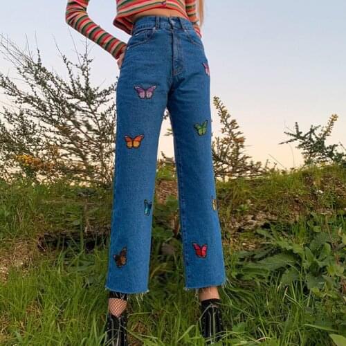 SEASONS Embroidery Butterfly Blue Jeans Women Casual High Waist Straight Pants Capris Fashion Casual Denim Pants 2020 ASPA80797