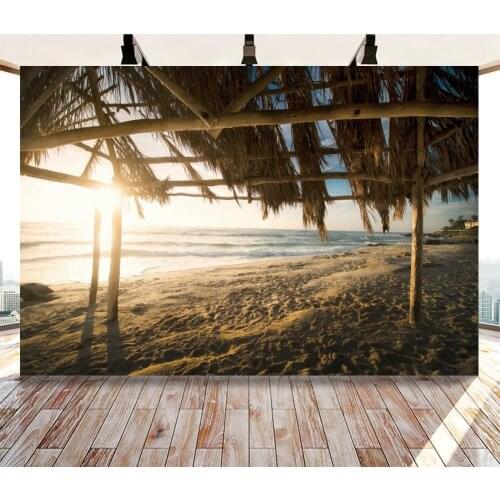 Sunny Beach Thatched Cottage Coconut Tree Backdrops Artistic Photos Background Decorations for Holiday Theme Photography Props