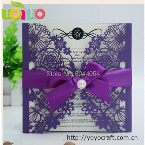 Dark purple elegant heart shape wedding invitation card popular design laser cut english wedding invitation card