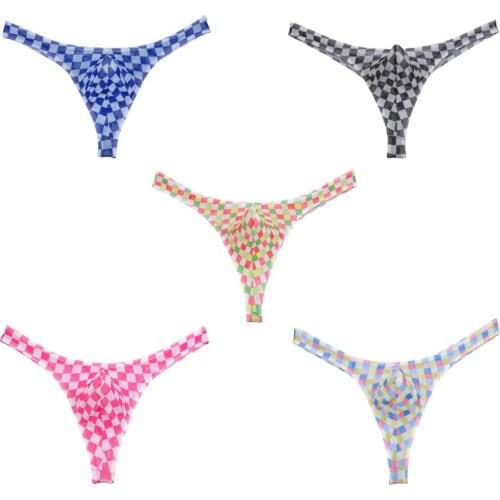 Micro Mesh See-Through Penis Pouch Sexy Bikini Mens Underwear Thongs and G-Strings Plaid Male Thong Underwear Men Underpants
