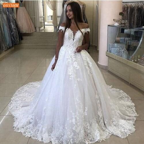 Gorgeous White Wedding Gowns Off Shoulder Lace Appliqued Ball Gown Bride Dresses 2020 Suknia Slubna Custom Made Vestido De Novia