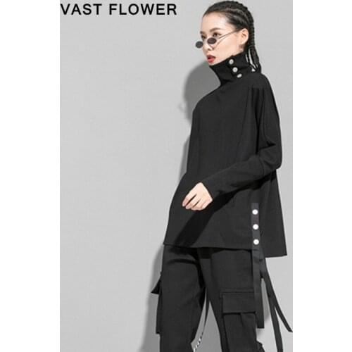 Women Black Ribbon Button Split Plus Size T Shirt Turtleneck Long Sleeve Loose Fashion Clothes T-Shirt Tops Spring Autumn 2021