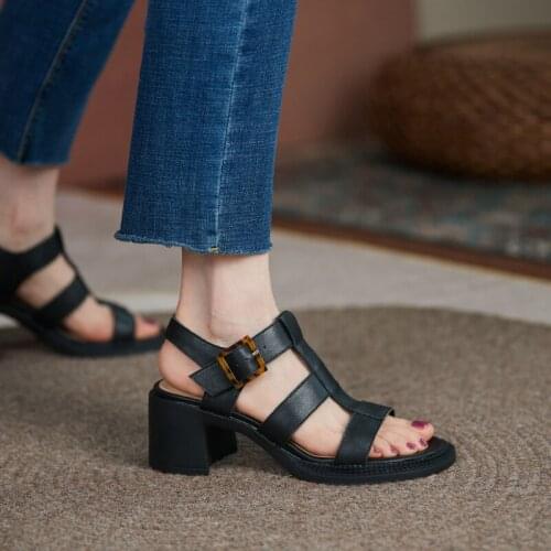 Genuine Cow Leather 2021 Summer Open-Toed Mid-Heel Patent Leather Sandals Women
