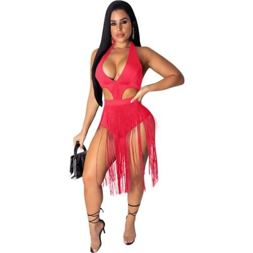 Waist Band Cut Out Tassels Sexy Beach Bodysuit Women Open Back Bandage Short Jumpsuit Summer V Neck Neon Green Bodycon Playsuit