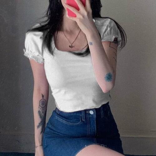 2020 Summer Pullover T Shirt For Women Ladies Short Sleeve Ruched Hot Fashion Tee top Square collar Casual Club Crop top Female