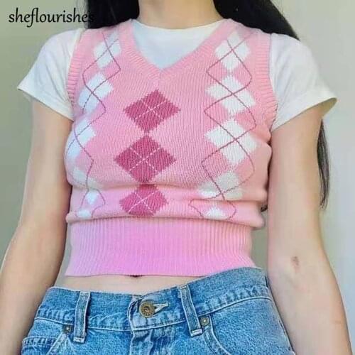 Pink sweater women summer sleeveless sweater kawaii knitted pullover vintage argyle sweater vest casual v neck pullover female