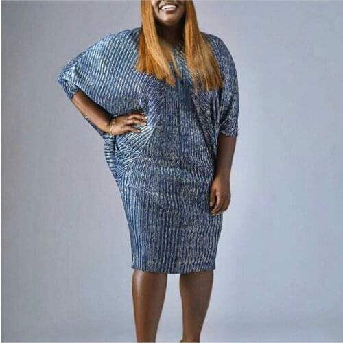 FNOCE 2019 High Quality New Fashion V Collar Pleats Batwing Sleeve Loose Big Size Dress For Women Print Clothing Vestido