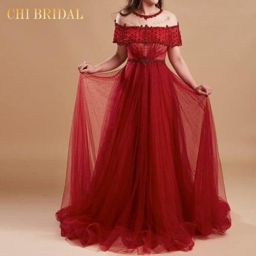 Ladies Evening Dress Shiny Beaded Short Sleeve Tulle Long Party Dress Robe Evening Elegant Formal Wear