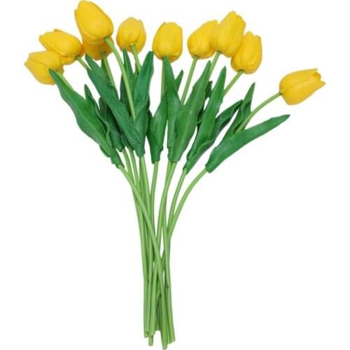 10pcs Yellow Latex Real Touch Tulip Flower with Leaves For Wedding Bouquet Decorate