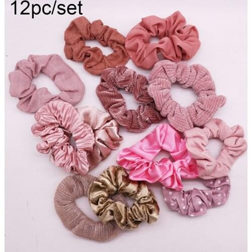 12PC Set Satin Long Hair Scrunchies Hair Ribbon Hair Band Headband Adult Hair Accessories