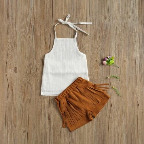 2 Pieces Kids Girls Clothes Set Solid Color Sleeveless Strappy Tops+ High Waist Shorts for Girls 2-7 Years