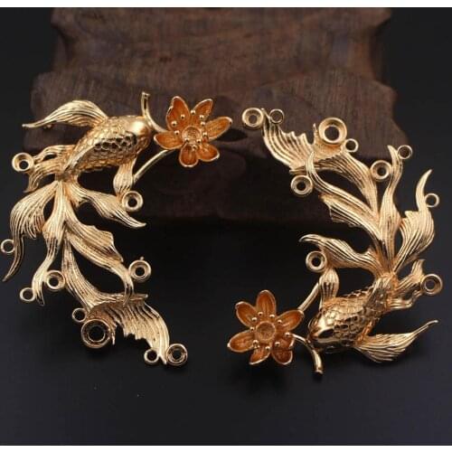 6pcs Brass Casted Goldfish Flower 4mm 6mm Open Back Cabochon Base Oriental Pendant Charms Connectors DIY Jewelry Accessories