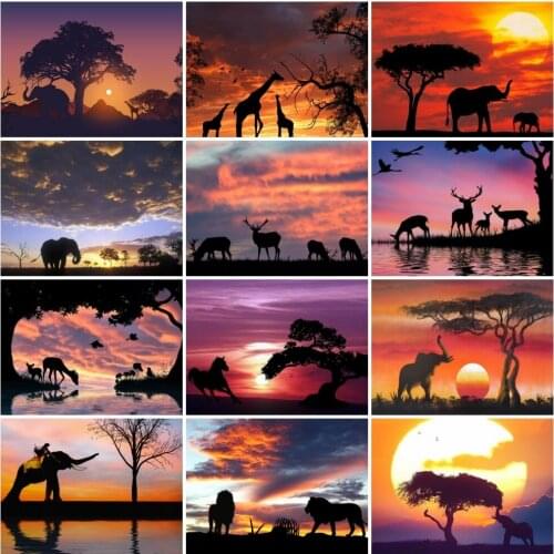 AZQSD Oil Painting Drawing On Canvas Sunset Elephant Giraffe Canvas Painting Paint By Numbers Scenery Zero Foundation Home Decor
