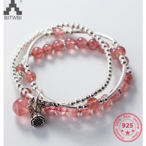 S925 Sterling Silver Hot Sale Sweet Lovely Pink Strawberry Quartz Lucky Bracelets