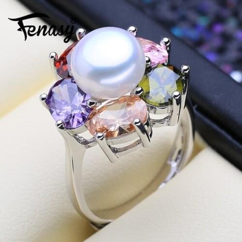 FENASY Natural Freshwater Pearl Rings For Women Female Bohemian Colorful Flower Rings 925 Sterling Silver Ring Ruby Jewelry
