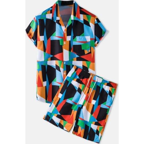 Summer Fashion Men Short Sleeve Sets Geometry Printed Lapel Single-breasted Shirt Men Hawaiian Beach Casual Shorts Suits 2 Piece