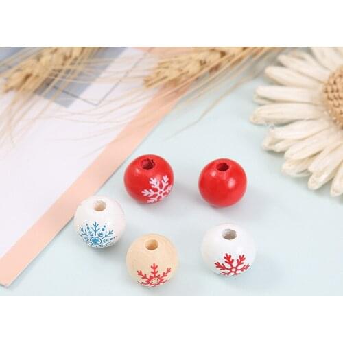 OGDA 20pcs/Pack 16mm Natural Wood Round Beads Red Christmas Snowflake Beads For Making Christmas Gift DIY Creative Craft Home