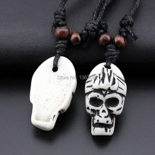 Cool Faux Bone Carved Skull Head Pendant Necklace Gift MN529