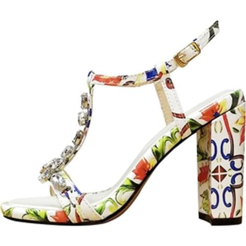 Summer Banana Leaf Printed Leather Sandals Women T-strap Gem Rhinestone Open Toe Ladies Chunky Heel Crystal Multi Floral Shoes