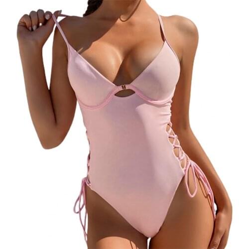 Summer Womens Sexy Swimsuit One-piece Solid Color Swimsuit Thickened Steel Backed Drawstring Swimsuit 2021 New Female Beachwear