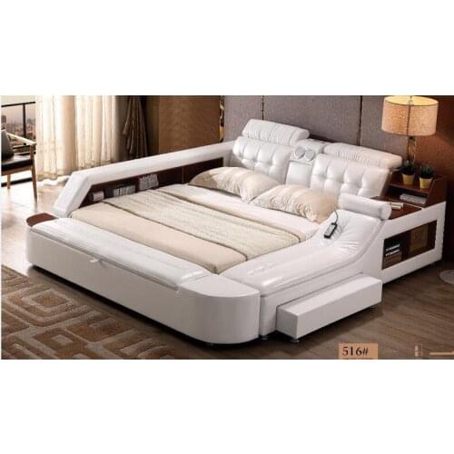 Genuine leather bed frame Soft Beds massager storage safe speaker LED light Bedroom cama muebles de dormitorio / camas quarto