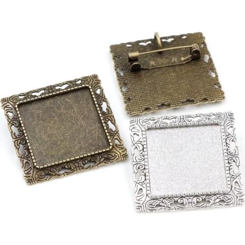 New Fashion 5pcs 25mm Inner Size Antique Silver Plated and Bronze Brooch Square Cabochon Base Setting