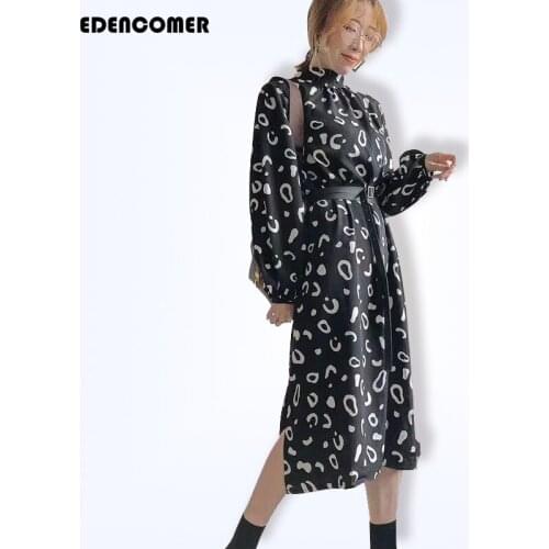 EDENCOMER 2009 Spring and Summer New High-collar Chiffon Dress Fashion Belt Long Dresses Office Lady Vestidos Women Clothes