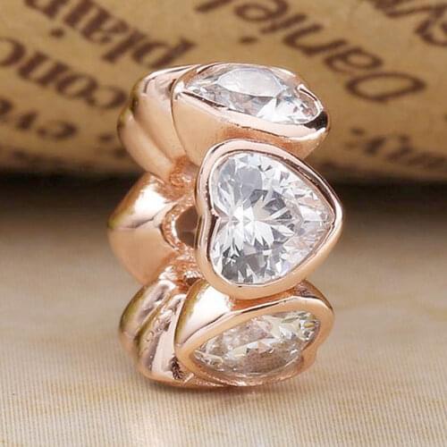 Original Rose Sparkling Hearts With Crystal Space Beads Fit 925 Sterling Silver Bead Charm Bracelet Bangle DIY Jewelry