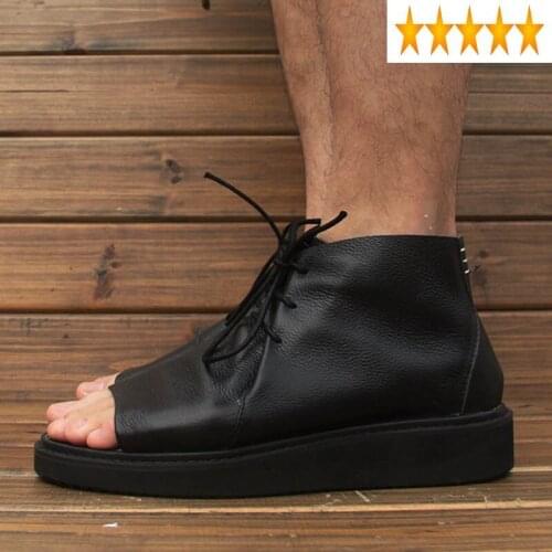 Peep Toe Gladiator High-Top Men Summer Shoes Runway Vintage Real Leather Platform Lace Up Black Beach Sandals