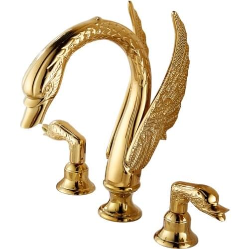 Golden Swan Faucets 2 Handles Soild Brass Gold Finish Faucet Bathroom Three Hole Wash Basin Tap Mixer for Bath Basin Tub AU892