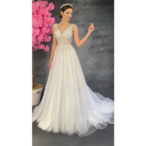 Pearls Stony V Neck Helen Wedding Dress Bridal Dress Custom Design Evening Dress Quality Embroidered Fabric Elegant Design