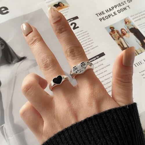 VKME Korean Punk Vintage Geometry Heart Open Rings For Women Mens Couples Ring Fashion Silver Adjustable Rings 2021 Jewelry