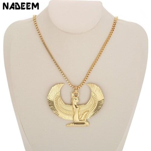 New Fashion Gold Color Punk Long Chain Hiphop Eagle Women Necklace Jewelry Egyptian Trendy Cross Angel Isis Pendant Necklace