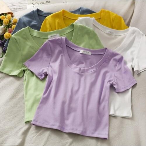 Womens V-Neck T-Shirt 2021 New Design Slim All-Match Thin Summer New Fashion Candy Colours Short Sleeve Casual Commute Sweet