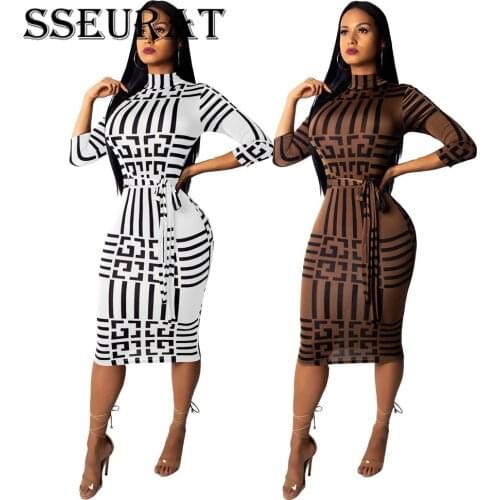 SSEURAT Striped Women Bodycon Dress Three Quarters Sleeve Mock Neck Office Ladies Casual Midi Dress