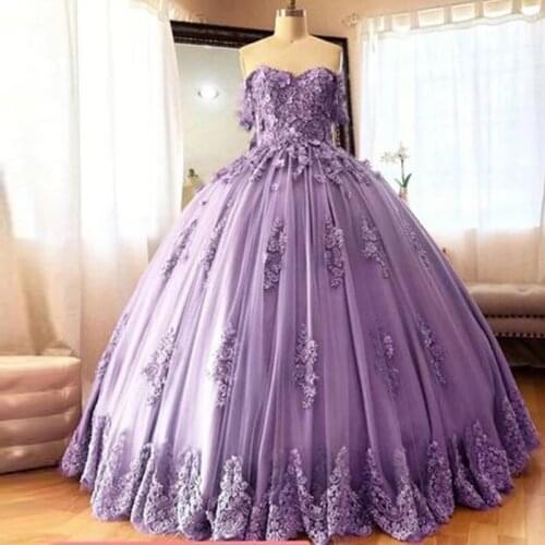 2021 Pink Purple Prom Quinceanera Dress Ball Gowns 3D Flower Lace Applique Off The Shoulder Lace-up Sweet 15 Party Gowns