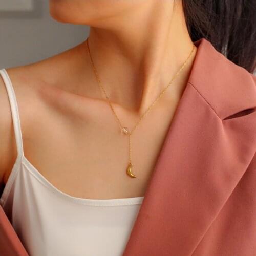 316L Stainless Steel New Upscale Jewelry Crescent Moon Pendant Gold Color Moonstone Charms Chain Choker Necklaces For Women