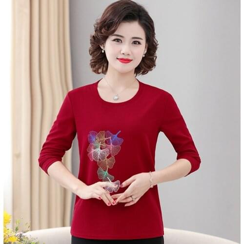 4XL Plus Size Women Long Sleeve T-Shirts Printed Pullover 2021 New Spring Autumn Bottom Shirt Middle Aged Mother Tee Tops