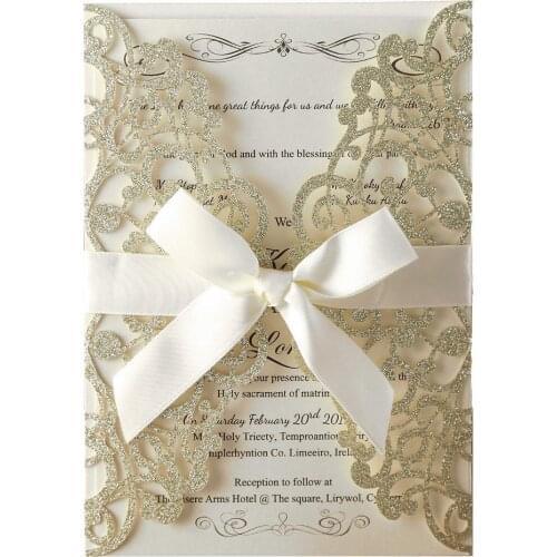 50pcs Champagne Glitter Laser Cut Invitation Cards with Blank Inner Sheets and Envelopes for Wedding Invitations Bridal Shower