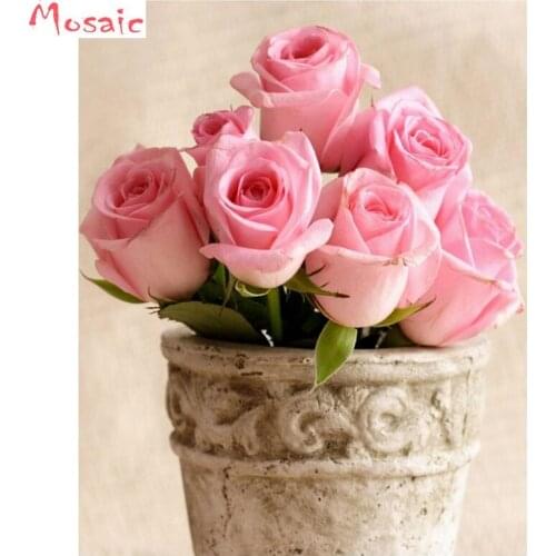 Full Square Diamond Embroidery Pink Rose Flower Diamond Painting Cross Stitch Rhinestone Diamond Mosaic Still Life wedding gift