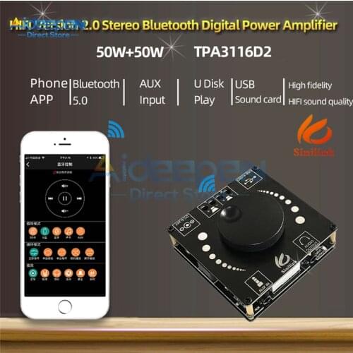 AP50H HIFI Bluetooth 5.0 Wireless Audio TPA3116D2 Digital Power Amplifier Stereo Board 50Wx2 Amplificador USB AUX APP 5V 12V 24V