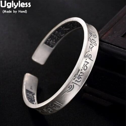 Uglyless Real Silver Wide Bangles Solid 99% Full Silver Poetry Open Bangles Unisex Men Women Lapis Adjustable Bracelets Jewelry