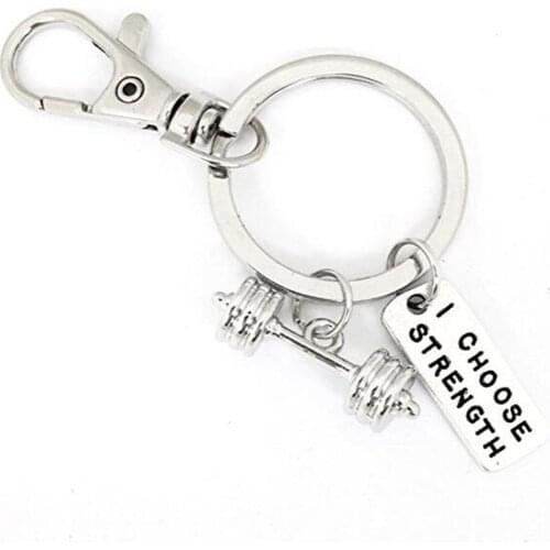 CrossFit Weight Lifting Fitness Dumbell Barbell Silver Charm Keychain Key Ring "I Choose Strength"