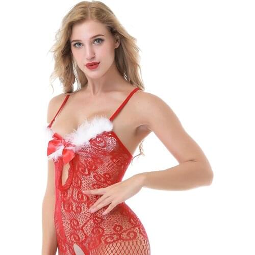 Candiway Sexy Red Christmas Series Lace Jacquard Corset Open Crotch Fishnet Body stocking Santa Lingerie Outfits Free Size