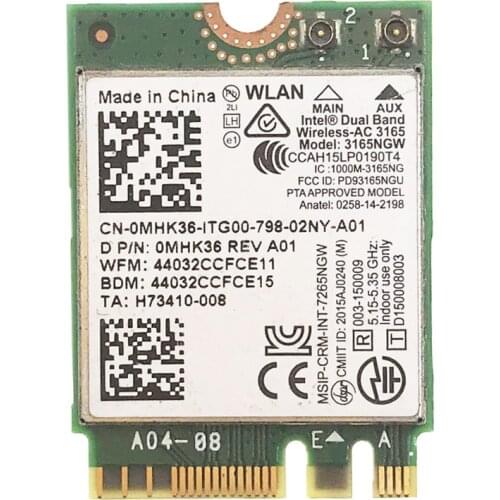 For 3165NGW Intel 3165 Dual Band Wireless AC + Bluetooth 4.0 NGFF Wifi Card 802.11AC 433Mbps