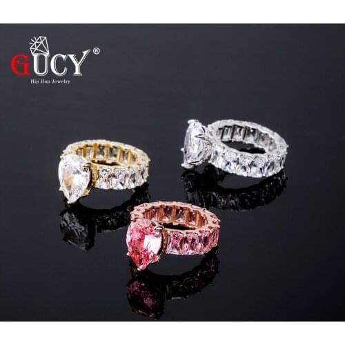 GUCY water Drop Mens Ring Copper Charm Gold Color Cubic Zircon Iced Out Ring Fashion Hip Hop Jewelry For Gift