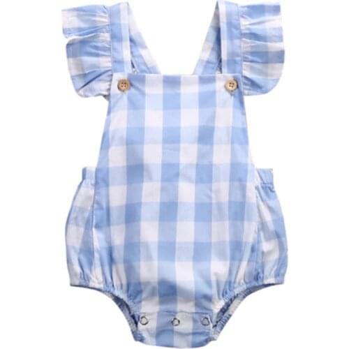 Cute Newborn Infant Lovely Baby Girl Clothes Cotton Pullover Grid Blue Plaid Bodysuit Jumpsuit Outfits 0-18M